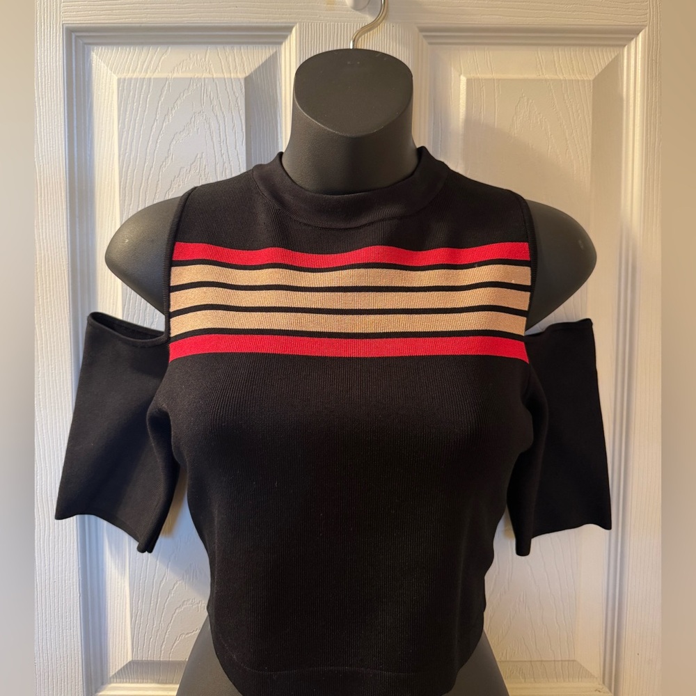 bebe Black and Red Striped Cold Shoulder Top